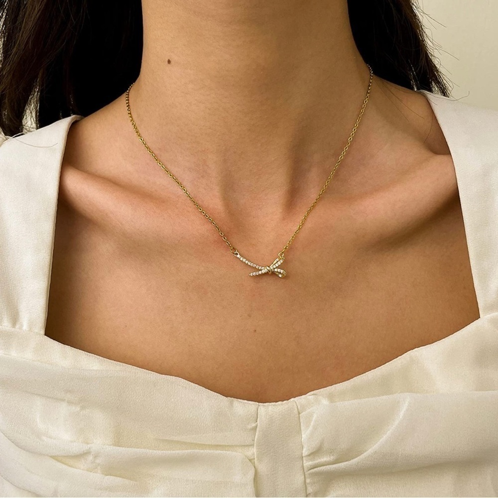 Gold 14k Gold Plated Bow CZ Pendant Chain Necklace